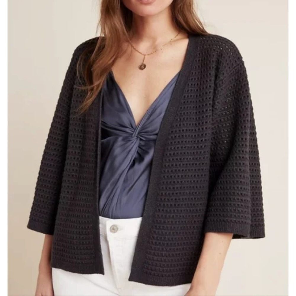 AKEMI + KIN Anthropologie DARK GRAY OPEN WEAVE Open Sweater Cardigan 3/4 SLV O/S